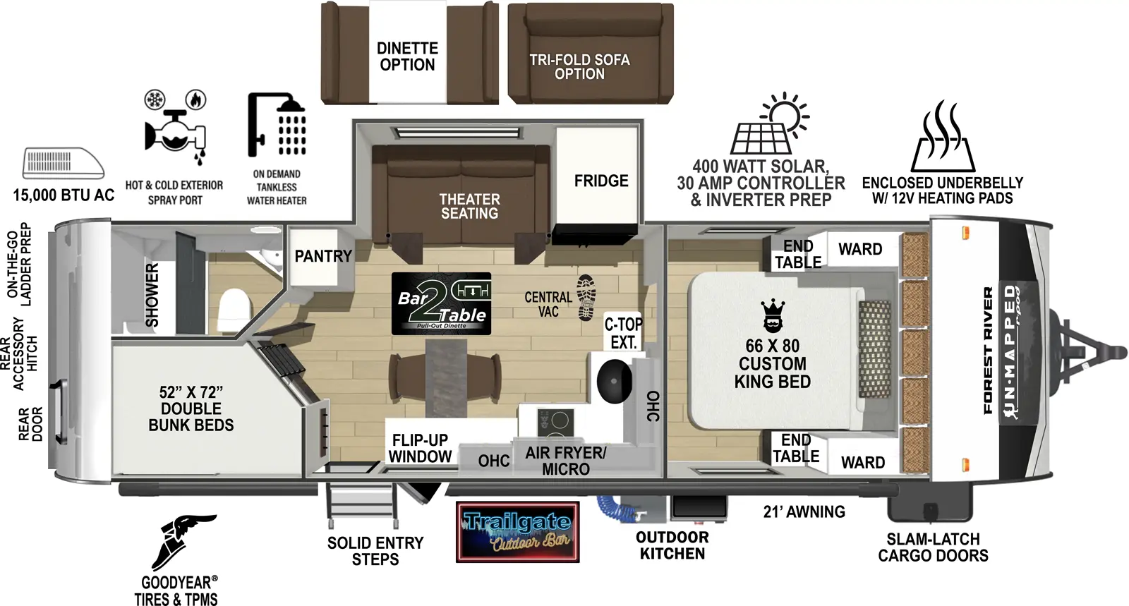 The Un-Mapped 26BH floorplan has one entry and one slide out. Exterior features include: fiberglass exterior, 21' awning and outside kitchen. Interiors features include: bunk beds and front bedroom.